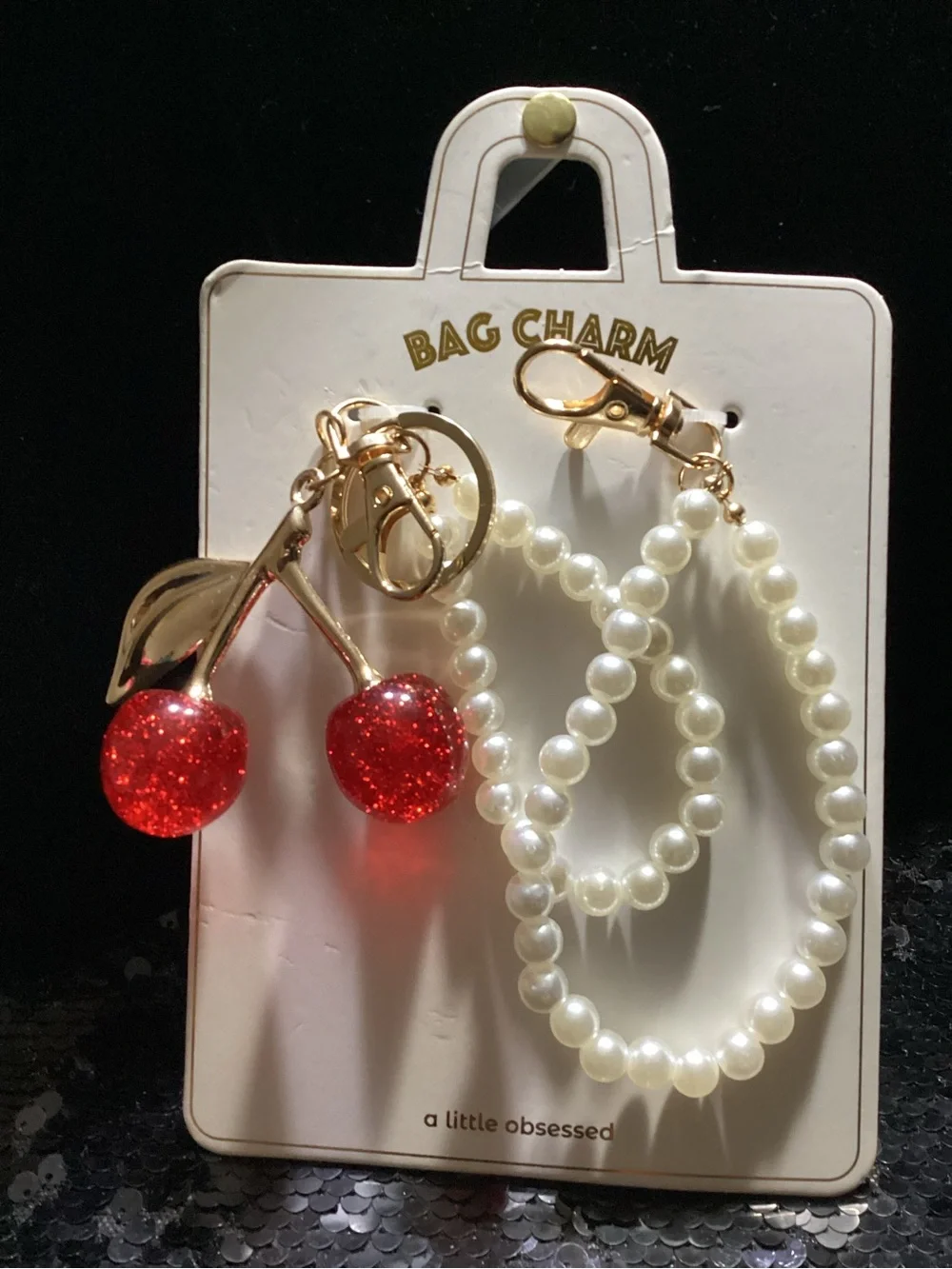 Pearl Loop Key & Red Cherry Bag Charm with Gold Accents